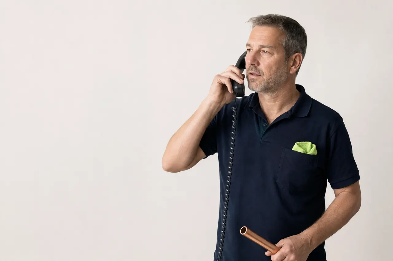Home services engineer answering a customer call with a copper pipe in hand